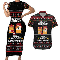 Meowy Christmas Woofy New Year Couples Matching Short Sleeve Bodycon Dress and Hawaiian Shirt with Cat and Dog in Winter Hats and Festive Pattern Design - Wonder Print Shop
