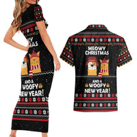 Meowy Christmas Woofy New Year Couples Matching Short Sleeve Bodycon Dress and Hawaiian Shirt with Cat and Dog in Winter Hats and Festive Pattern Design - Wonder Print Shop