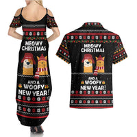 Meowy Christmas Woofy New Year Couples Matching Summer Maxi Dress and Hawaiian Shirt with Cat and Dog in Winter Hats and Festive Pattern Design - Wonder Print Shop
