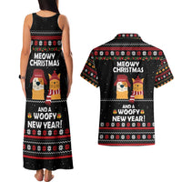 Meowy Christmas Woofy New Year Couples Matching Tank Maxi Dress and Hawaiian Shirt with Cat and Dog in Winter Hats and Festive Pattern Design - Wonder Print Shop