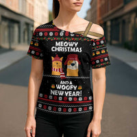 Meowy Christmas Woofy New Year Cross Shoulder Shirt with Cat and Dog in Winter Hats and Festive Pattern Design - Wonder Print Shop