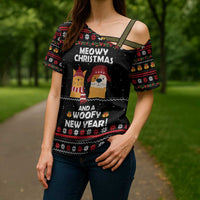 Meowy Christmas Woofy New Year Cross Shoulder Shirt with Cat and Dog in Winter Hats and Festive Pattern Design - Wonder Print Shop