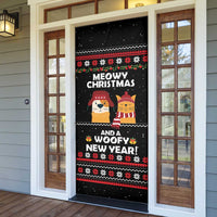 Meowy Christmas Woofy New Year Door Cover with Cat and Dog in Winter Hats and Festive Pattern Design - Wonder Print Shop