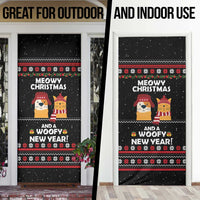 Meowy Christmas Woofy New Year Door Cover with Cat and Dog in Winter Hats and Festive Pattern Design - Wonder Print Shop