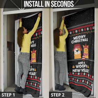 Meowy Christmas Woofy New Year Door Cover with Cat and Dog in Winter Hats and Festive Pattern Design - Wonder Print Shop