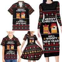 Meowy Christmas Woofy New Year Family Matching Long Sleeve Bodycon Dress and Hawaiian Shirt with Cat and Dog in Winter Hats and Festive Pattern Design - Wonder Print Shop