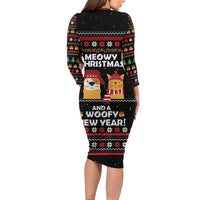 Meowy Christmas Woofy New Year Family Matching Long Sleeve Bodycon Dress and Hawaiian Shirt with Cat and Dog in Winter Hats and Festive Pattern Design - Wonder Print Shop