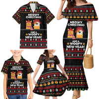 Meowy Christmas Woofy New Year Family Matching Mermaid Dress and Hawaiian Shirt with Cat and Dog in Winter Hats and Festive Pattern Design - Wonder Print Shop