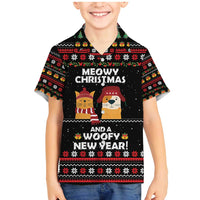 Meowy Christmas Woofy New Year Family Matching Mermaid Dress and Hawaiian Shirt with Cat and Dog in Winter Hats and Festive Pattern Design - Wonder Print Shop