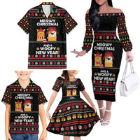 Meowy Christmas Woofy New Year Family Matching Off The Shoulder Long Sleeve Dress and Hawaiian Shirt with Cat and Dog in Winter Hats and Festive Pattern Design - Wonder Print Shop