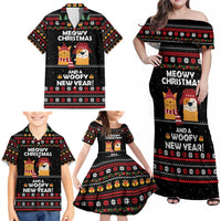 Meowy Christmas Woofy New Year Family Matching Off Shoulder Maxi Dress and Hawaiian Shirt with Cat and Dog in Winter Hats and Festive Pattern Design - Wonder Print Shop