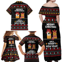 Meowy Christmas Woofy New Year Family Matching Off Shoulder Maxi Dress and Hawaiian Shirt with Cat and Dog in Winter Hats and Festive Pattern Design - Wonder Print Shop