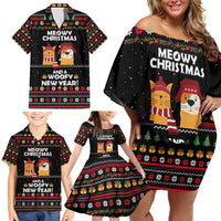 Meowy Christmas Woofy New Year Family Matching Off Shoulder Short Dress and Hawaiian Shirt with Cat and Dog in Winter Hats and Festive Pattern Design - Wonder Print Shop