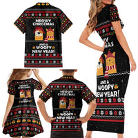 Meowy Christmas Woofy New Year Family Matching Short Sleeve Bodycon Dress and Hawaiian Shirt with Cat and Dog in Winter Hats and Festive Pattern Design - Wonder Print Shop
