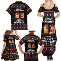 Meowy Christmas Woofy New Year Family Matching Summer Maxi Dress and Hawaiian Shirt with Cat and Dog in Winter Hats and Festive Pattern Design - Wonder Print Shop
