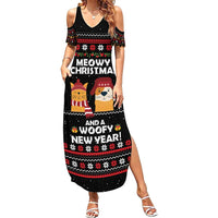 Meowy Christmas Woofy New Year Family Matching Summer Maxi Dress and Hawaiian Shirt with Cat and Dog in Winter Hats and Festive Pattern Design - Wonder Print Shop
