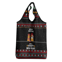 Meowy Christmas Woofy New Year Grocery Bag with Cat and Dog in Winter Hats and Festive Pattern Design - Wonder Print Shop