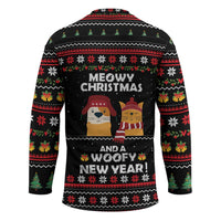 Meowy Christmas Woofy New Year Hockey Jersey with Cat and Dog in Winter Hats and Festive Pattern Design - Wonder Print Shop
