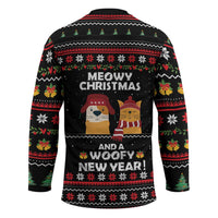 Meowy Christmas Woofy New Year Hockey Jersey with Cat and Dog in Winter Hats and Festive Pattern Design - Wonder Print Shop