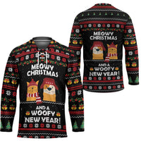 Meowy Christmas Woofy New Year Hockey Jersey with Cat and Dog in Winter Hats and Festive Pattern Design - Wonder Print Shop