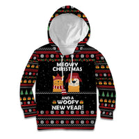 Meowy Christmas Woofy New Year Kid Hoodie with Cat and Dog in Winter Hats and Festive Pattern Design - Wonder Print Shop