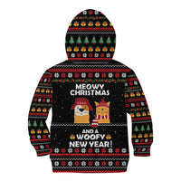 Meowy Christmas Woofy New Year Kid Hoodie with Cat and Dog in Winter Hats and Festive Pattern Design - Wonder Print Shop