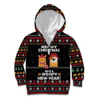 Meowy Christmas Woofy New Year Kid Hoodie with Cat and Dog in Winter Hats and Festive Pattern Design - Wonder Print Shop