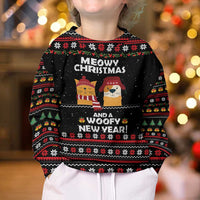 Meowy Christmas Woofy New Year Kid Ugly Christmas Sweater with Cat and Dog in Winter Hats and Festive Pattern Design - Wonder Print Shop