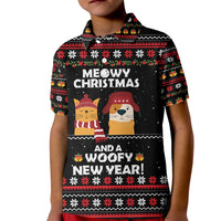 Meowy Christmas Woofy New Year Kid Polo Shirt with Cat and Dog in Winter Hats and Festive Pattern Design - Wonder Print Shop