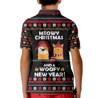Meowy Christmas Woofy New Year Kid Polo Shirt with Cat and Dog in Winter Hats and Festive Pattern Design - Wonder Print Shop