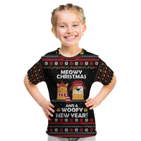 Meowy Christmas Woofy New Year Kid T Shirt with Cat and Dog in Winter Hats and Festive Pattern Design - Wonder Print Shop