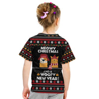 Meowy Christmas Woofy New Year Kid T Shirt with Cat and Dog in Winter Hats and Festive Pattern Design - Wonder Print Shop