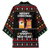 Meowy Christmas Woofy New Year Kimono with Cat and Dog in Winter Hats and Festive Pattern Design - Wonder Print Shop