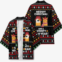 Meowy Christmas Woofy New Year Kimono with Cat and Dog in Winter Hats and Festive Pattern Design - Wonder Print Shop