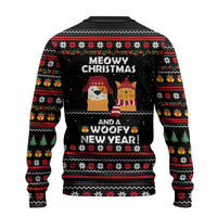 Meowy Christmas Woofy New Year Ugly Christmas Sweater with Cat and Dog in Winter Hats and Festive Pattern Design - Wonder Print Shop