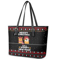 Meowy Christmas Woofy New Year Leather Tote Bag with Cat and Dog in Winter Hats and Festive Pattern Design - Wonder Print Shop