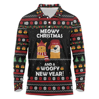 Meowy Christmas Woofy New Year Long Sleeve Polo Shirt with Cat and Dog in Winter Hats and Festive Pattern Design - Wonder Print Shop