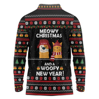 Meowy Christmas Woofy New Year Long Sleeve Polo Shirt with Cat and Dog in Winter Hats and Festive Pattern Design - Wonder Print Shop