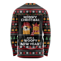 Meowy Christmas Woofy New Year Long Sleeve Shirt with Cat and Dog in Winter Hats and Festive Pattern Design - Wonder Print Shop
