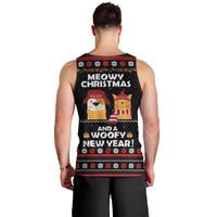 Meowy Christmas Woofy New Year Men Tank Top with Cat and Dog in Winter Hats and Festive Pattern Design - Wonder Print Shop