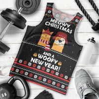 Meowy Christmas Woofy New Year Men Tank Top with Cat and Dog in Winter Hats and Festive Pattern Design - Wonder Print Shop
