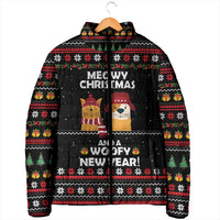 Meowy Christmas Woofy New Year Padded Jacket with Cat and Dog in Winter Hats and Festive Pattern Design - Wonder Print Shop