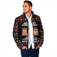 Meowy Christmas Woofy New Year Padded Jacket with Cat and Dog in Winter Hats and Festive Pattern Design - Wonder Print Shop