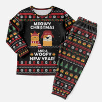Meowy Christmas Woofy New Year Christmas Pajama Set with Cat and Dog in Winter Hats and Festive Pattern Design - Wonder Print Shop