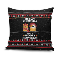 Meowy Christmas Woofy New Year Pillow Cover with Cat and Dog in Winter Hats and Festive Pattern Design - Wonder Print Shop