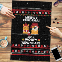 Meowy Christmas Woofy New Year Puzzle with Cat and Dog in Winter Hats and Festive Pattern Design - Wonder Print Shop