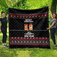 Meowy Christmas Woofy New Year Quilt with Cat and Dog in Winter Hats and Festive Pattern Design - Wonder Print Shop