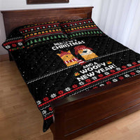 Meowy Christmas Woofy New Year Quilt Bed Set with Cat and Dog in Winter Hats and Festive Pattern Design - Wonder Print Shop