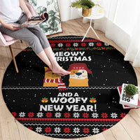 Meowy Christmas Woofy New Year Round Carpet with Cat and Dog in Winter Hats and Festive Pattern Design - Wonder Print Shop