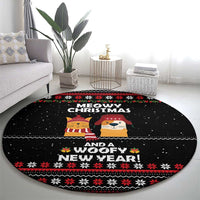Meowy Christmas Woofy New Year Round Carpet with Cat and Dog in Winter Hats and Festive Pattern Design - Wonder Print Shop